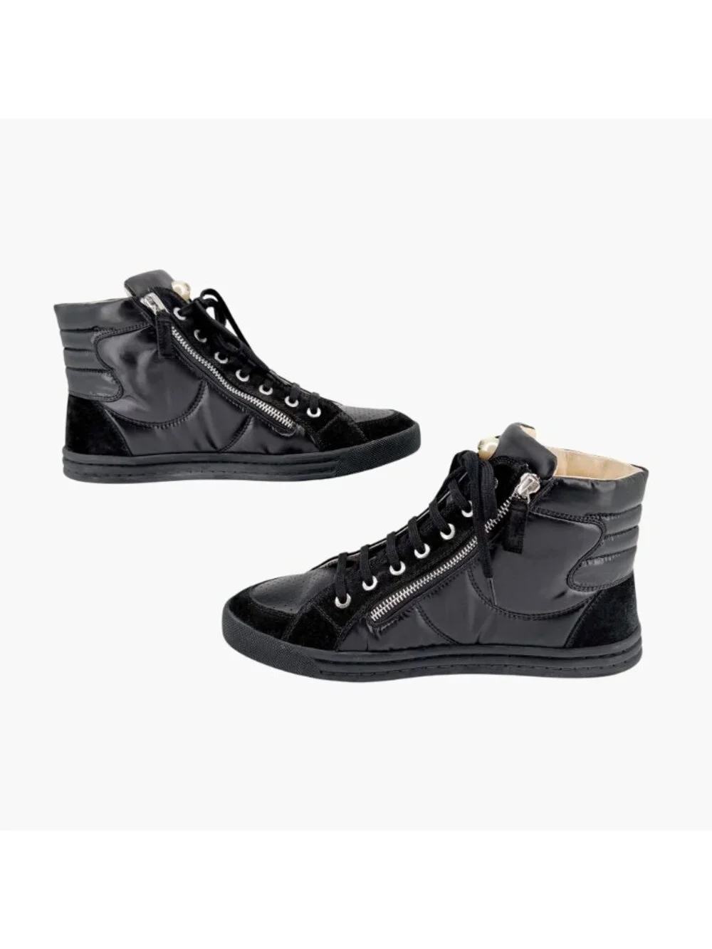 Chanel CC Pearl High Top Sneakers Black Size 38 US 7-7.5 Women's Quilted Nylon